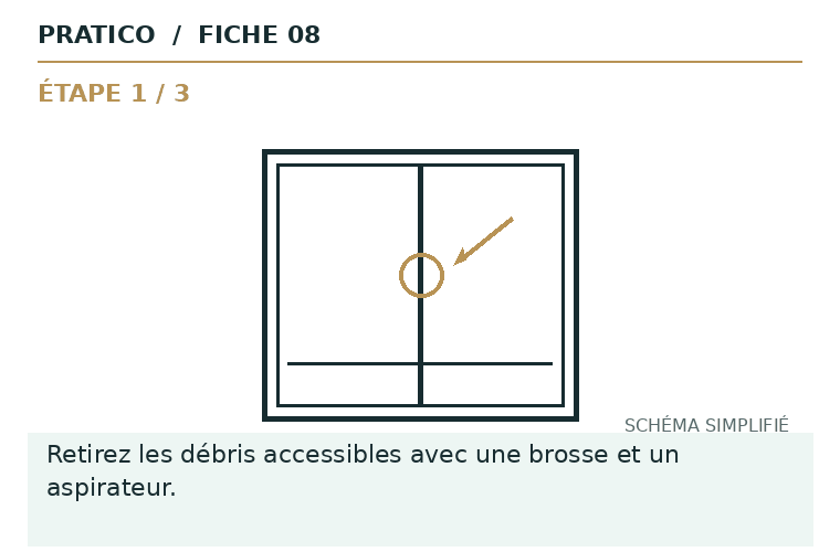 Schéma animé des gestes et du point d’arrêt pour Fenêtre difficile à coulisser
