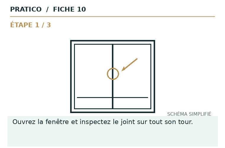 Schéma animé des gestes et du point d’arrêt pour Joint de fenêtre sale