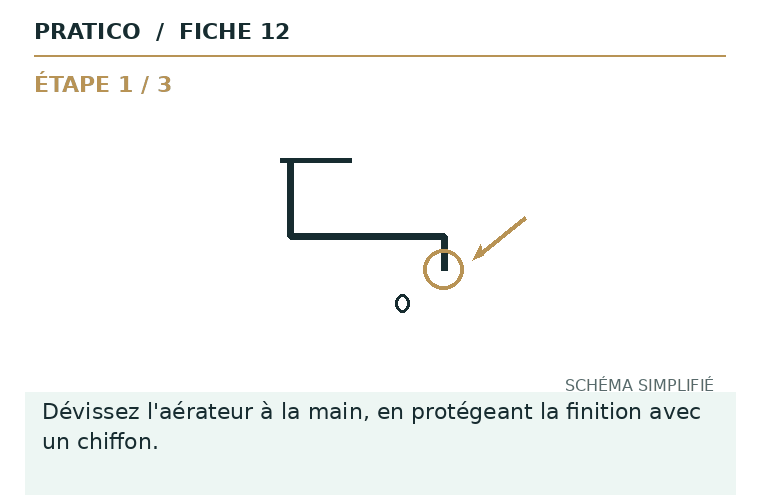 Schéma animé des gestes et du point d’arrêt pour Aérateur de robinet entartré