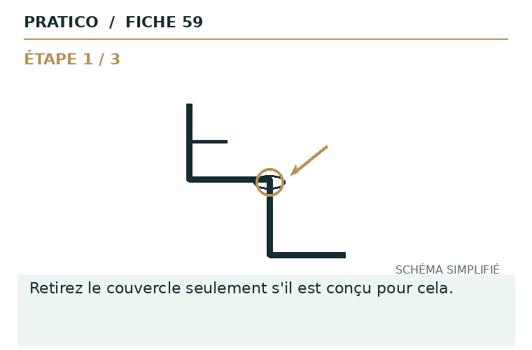 Schéma animé des gestes et du point d’arrêt pour Drain de douche avec cheveux visibles